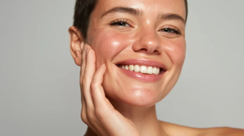 Smiling woman touching her cheek with hand, close-up portrait against neutral background