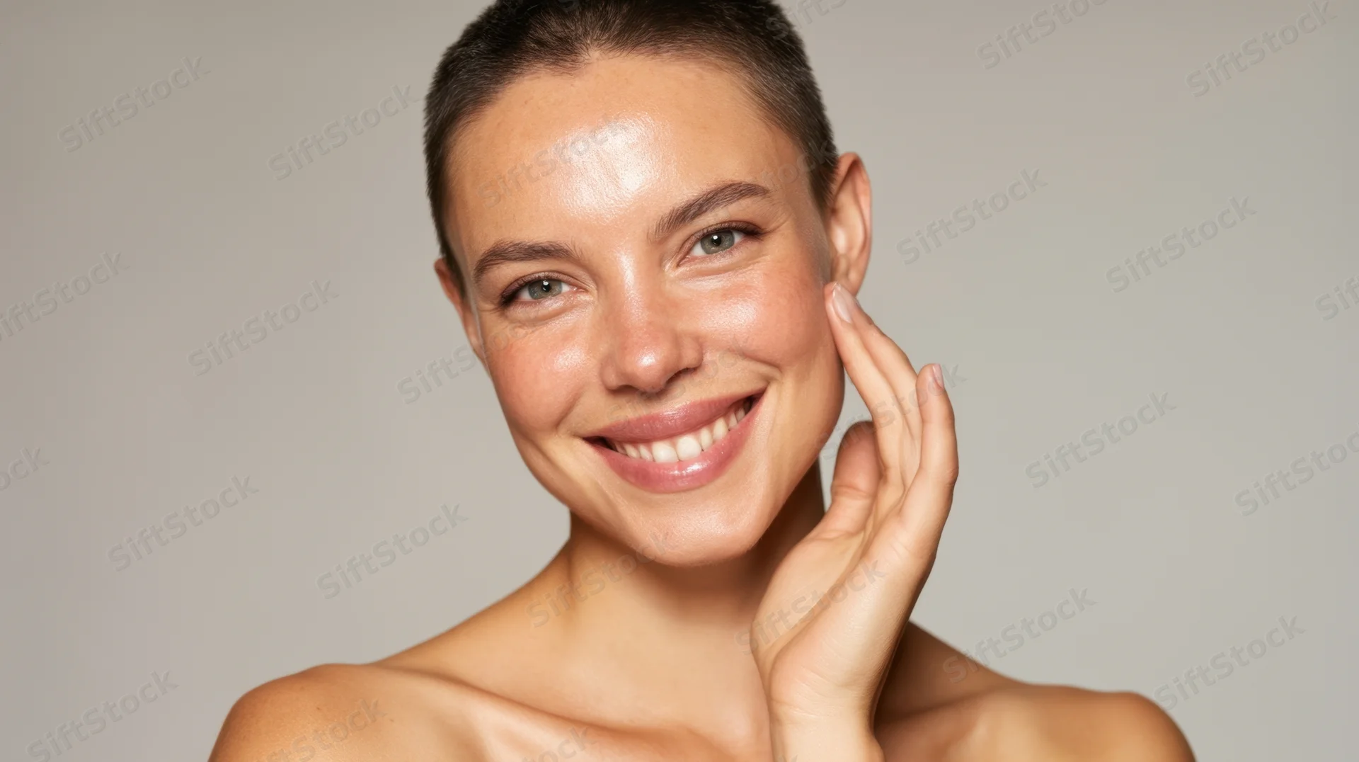 Woman smiling with hand on cheek showing healthy glowing skin in studio portrait