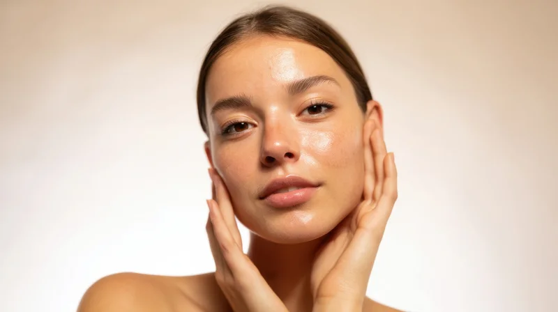 Woman touching her face with hands in a studio setting