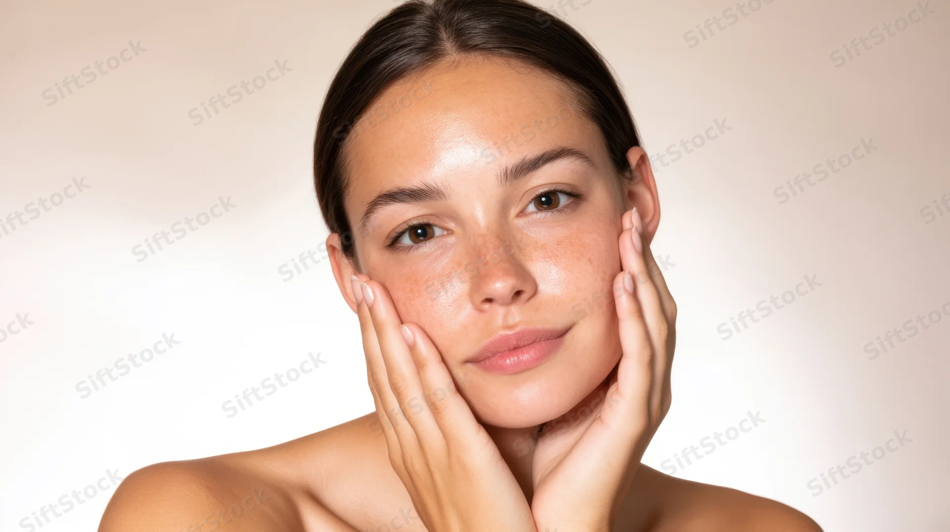 Woman touching her face with hands, close-up portrait in studio setting