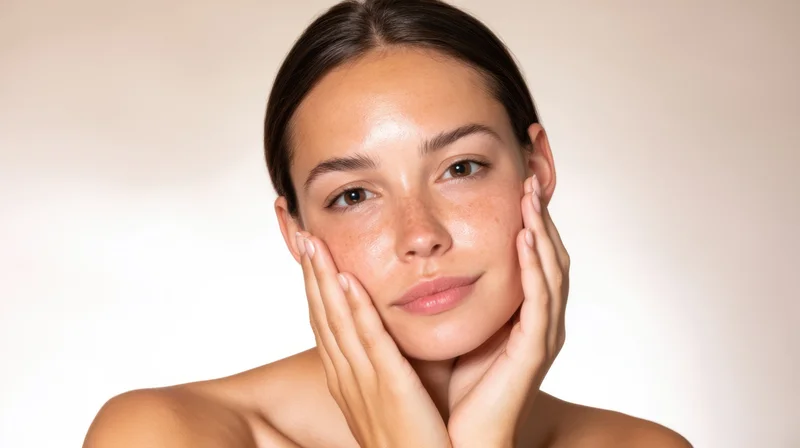Woman touching her face with hands, close-up portrait in studio setting