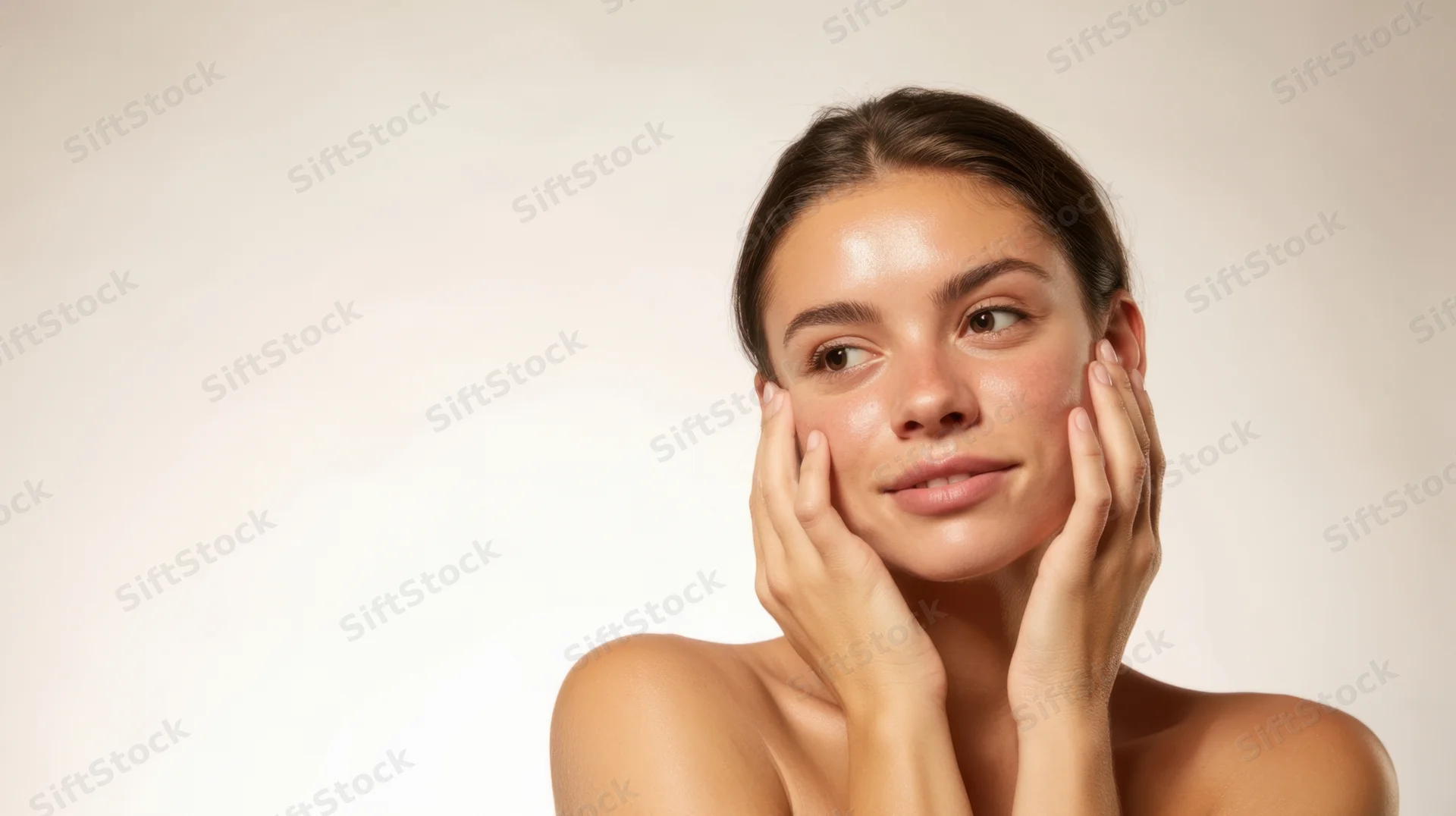 Woman touching her face with hands, showing clear skin against white background