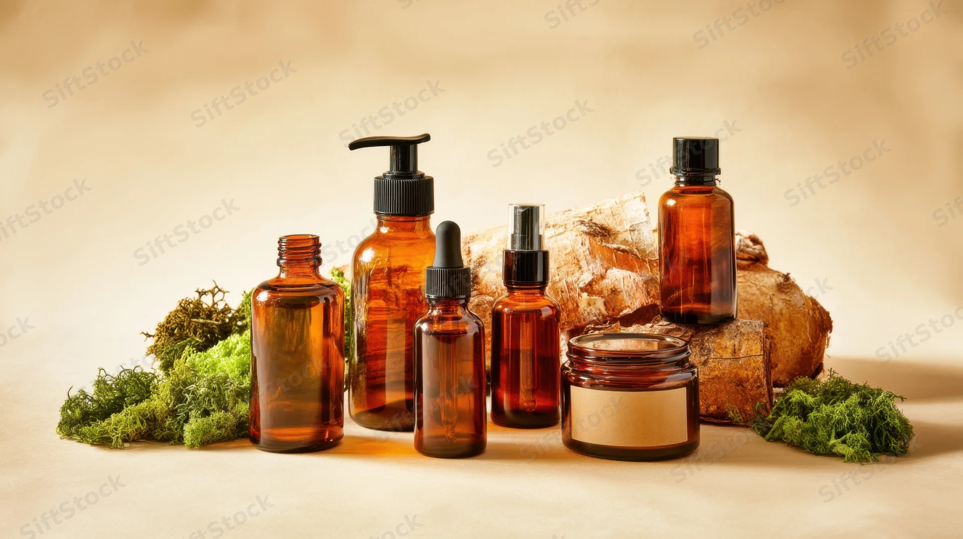 Amber glass bottles and jars for natural skincare products arranged with moss and wood on a neutral surface