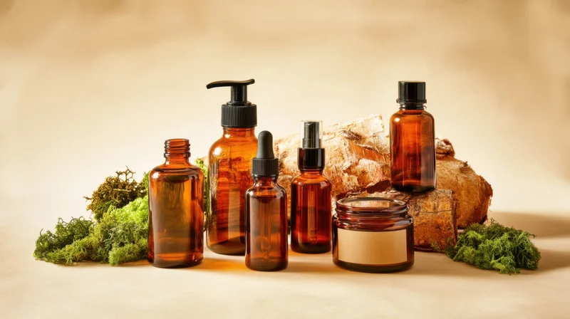 Amber glass bottles and jars for natural skincare products arranged with moss and wood on a neutral surface