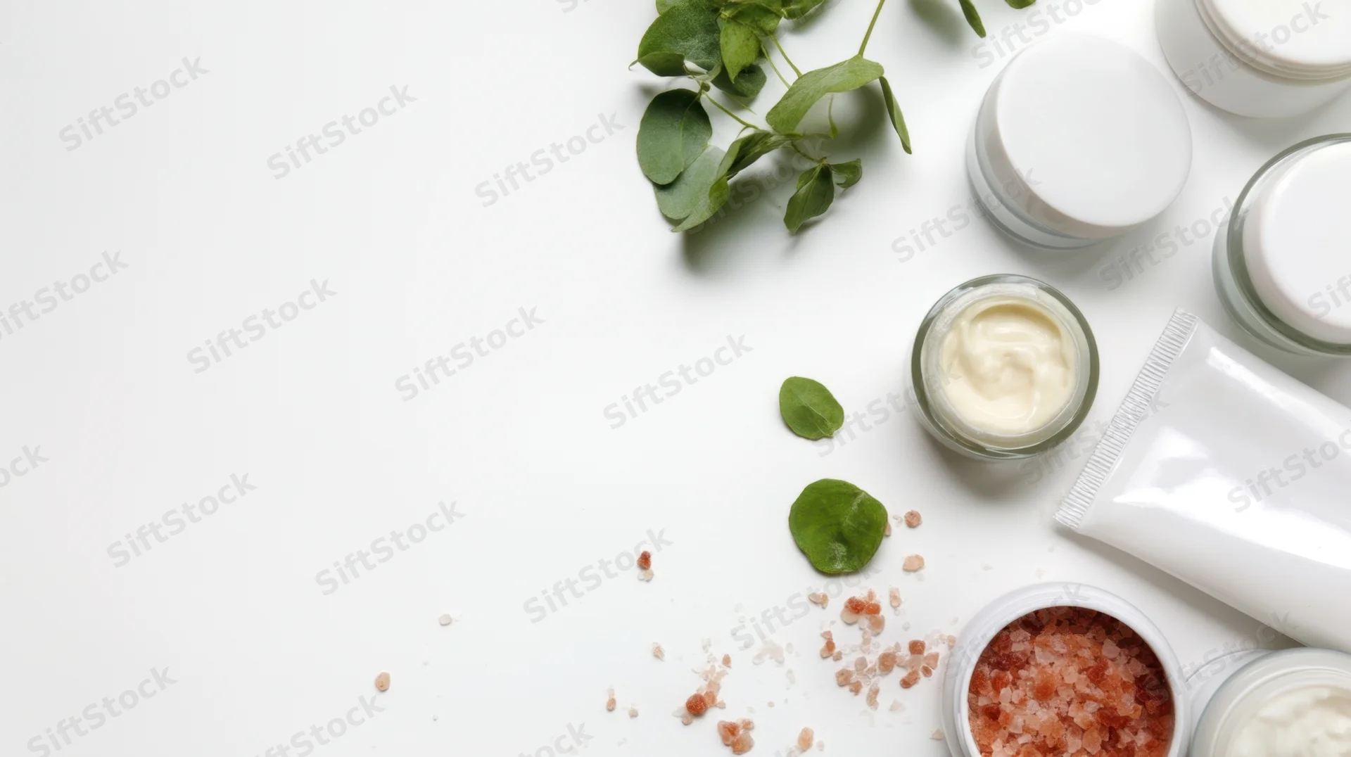 Skincare products and eucalyptus leaves arranged on white surface with copyspace