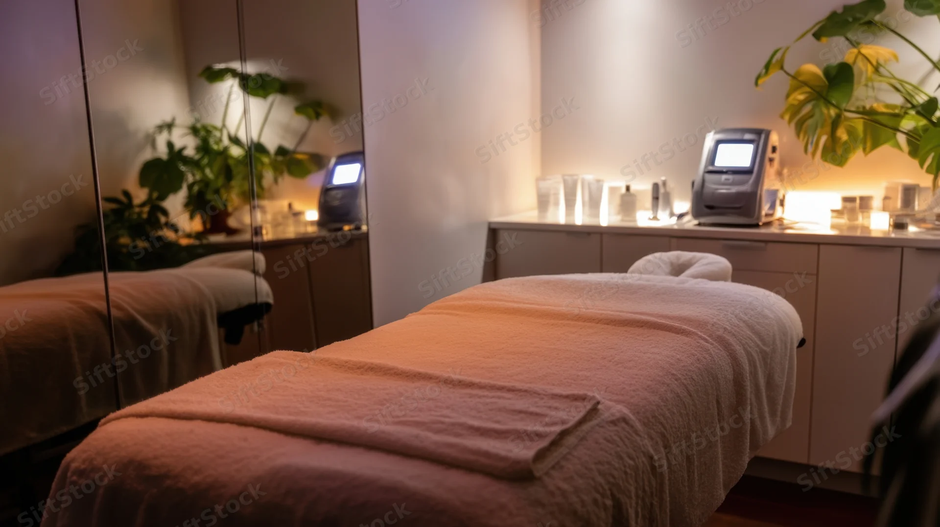 Massage bed covered with towel in a spa treatment room with plants and skincare devices on counter