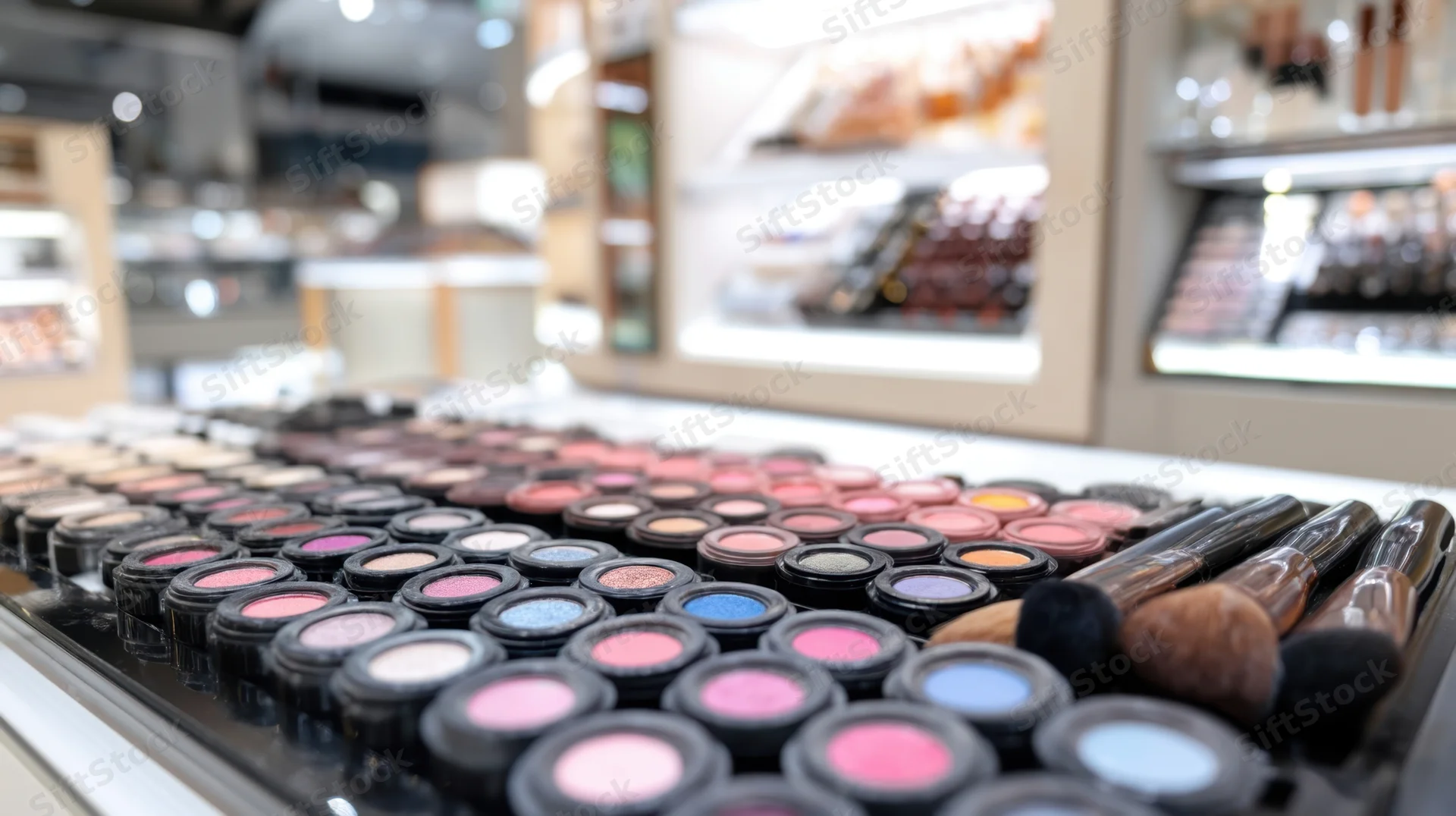 Eyeshadow palettes and brushes arranged on a display counter in a cosmetics store