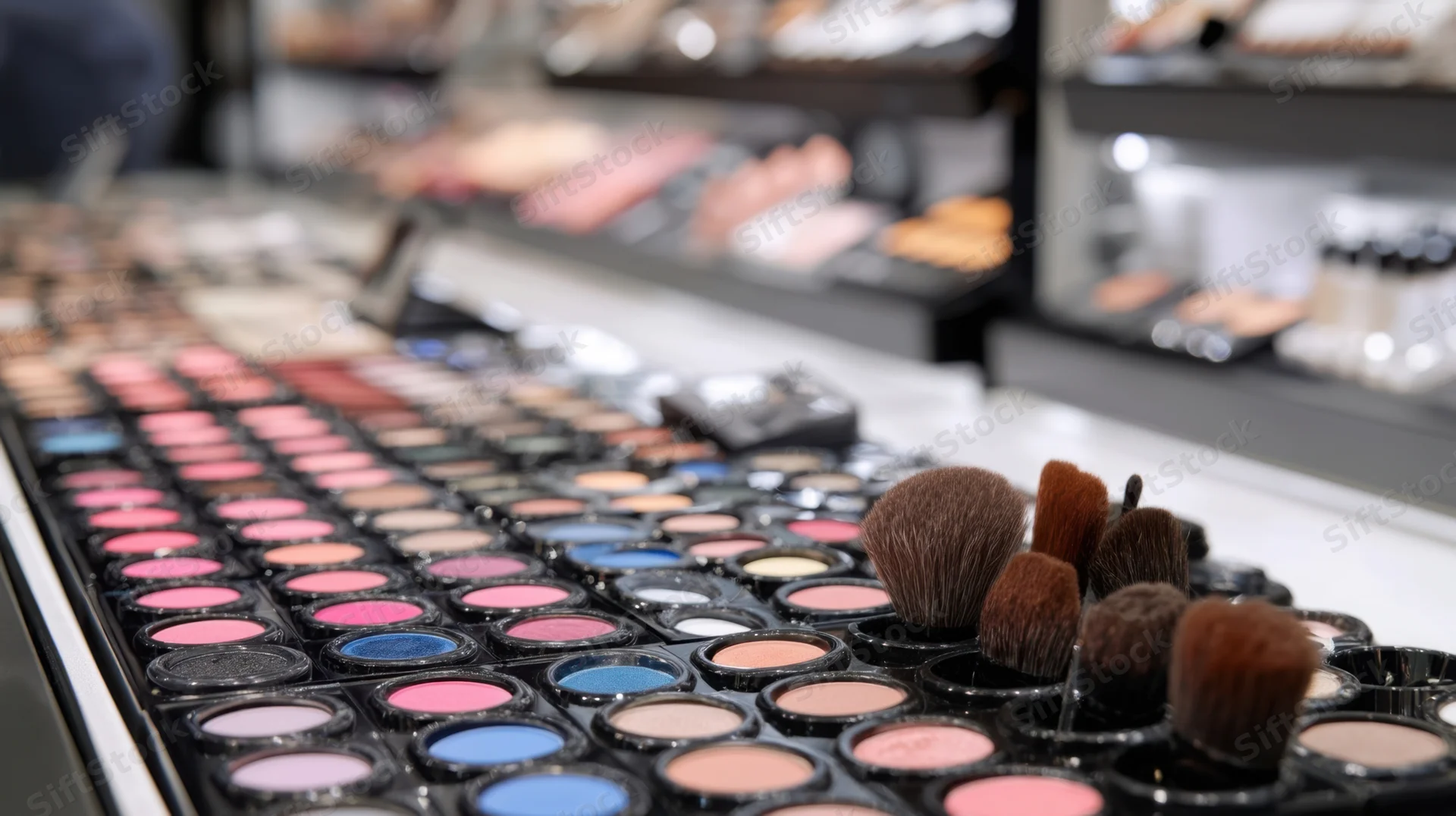 Rows of eyeshadow palettes and makeup brushes arranged on a beauty store counter