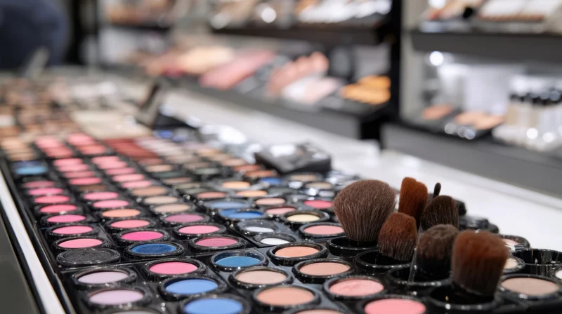 Rows of eyeshadow palettes and makeup brushes arranged on a beauty store counter