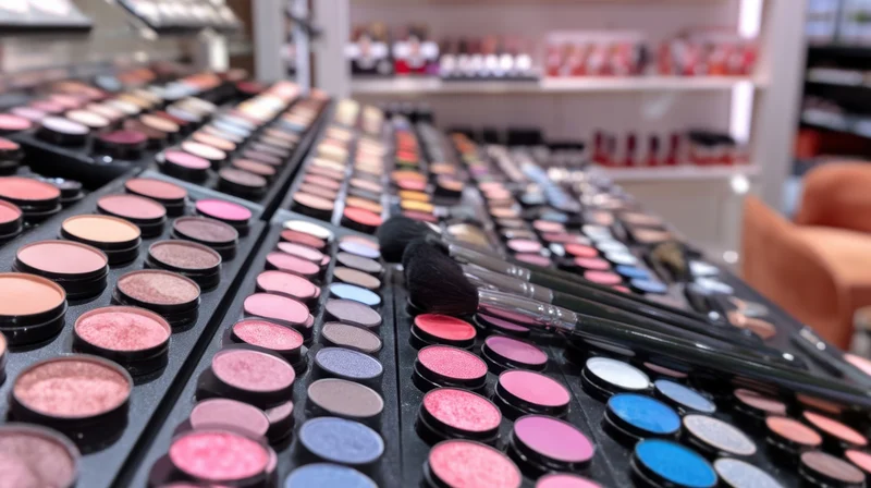 Rows of eyeshadow palettes and brushes arranged on a display shelf in a cosmetics store