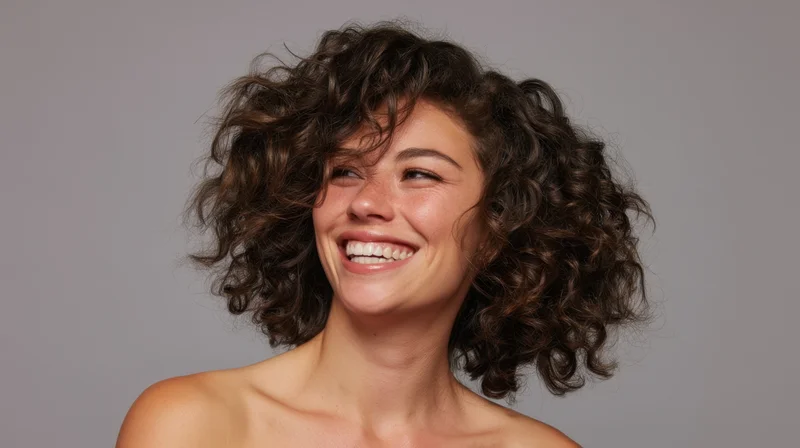 Smiling woman with curly hair in studio portrait, bare shoulders, gray background