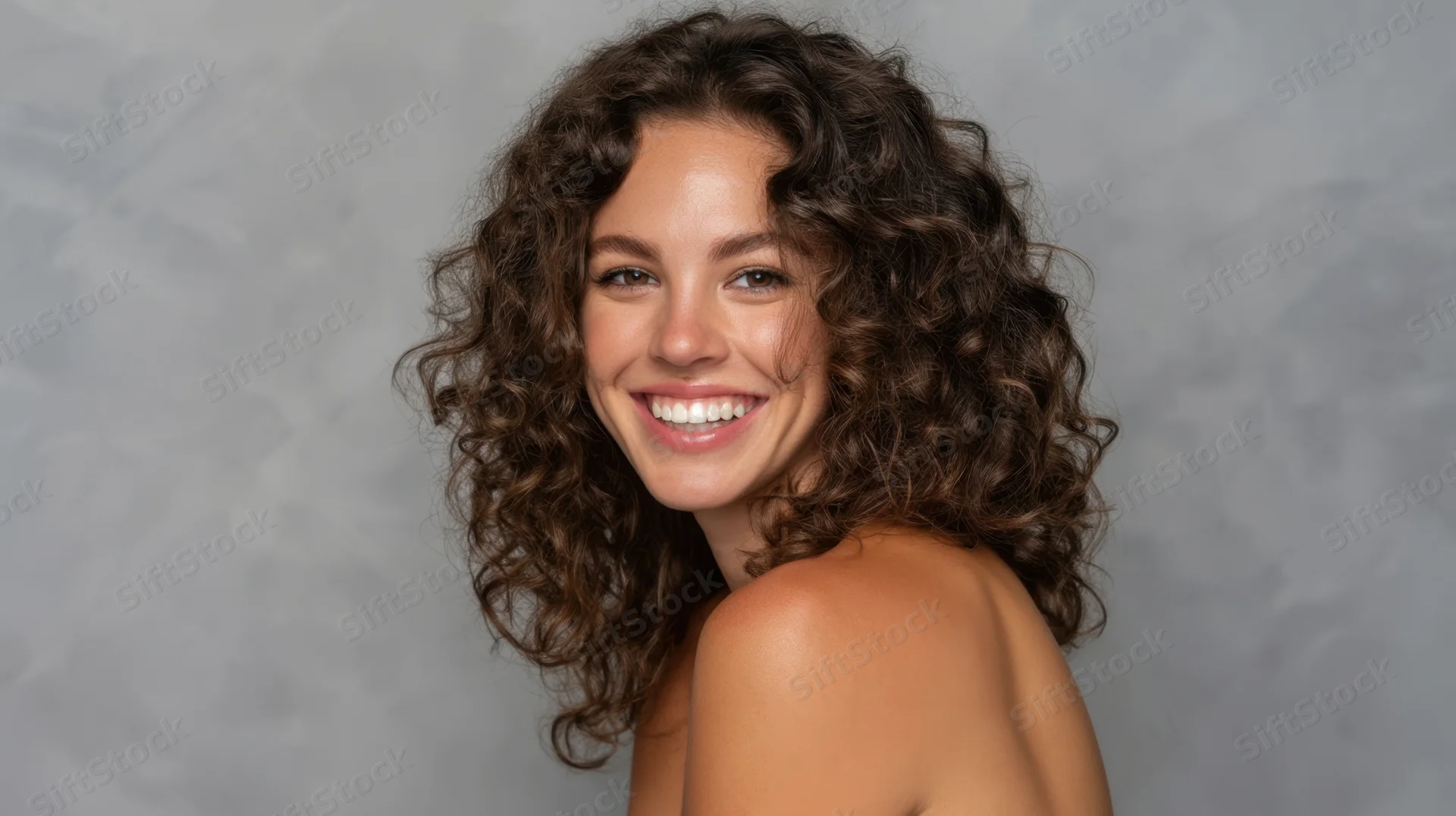 Smiling woman with curly hair in studio portrait showing radiant skin