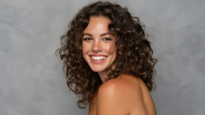 Smiling woman with curly hair in studio portrait showing radiant skin