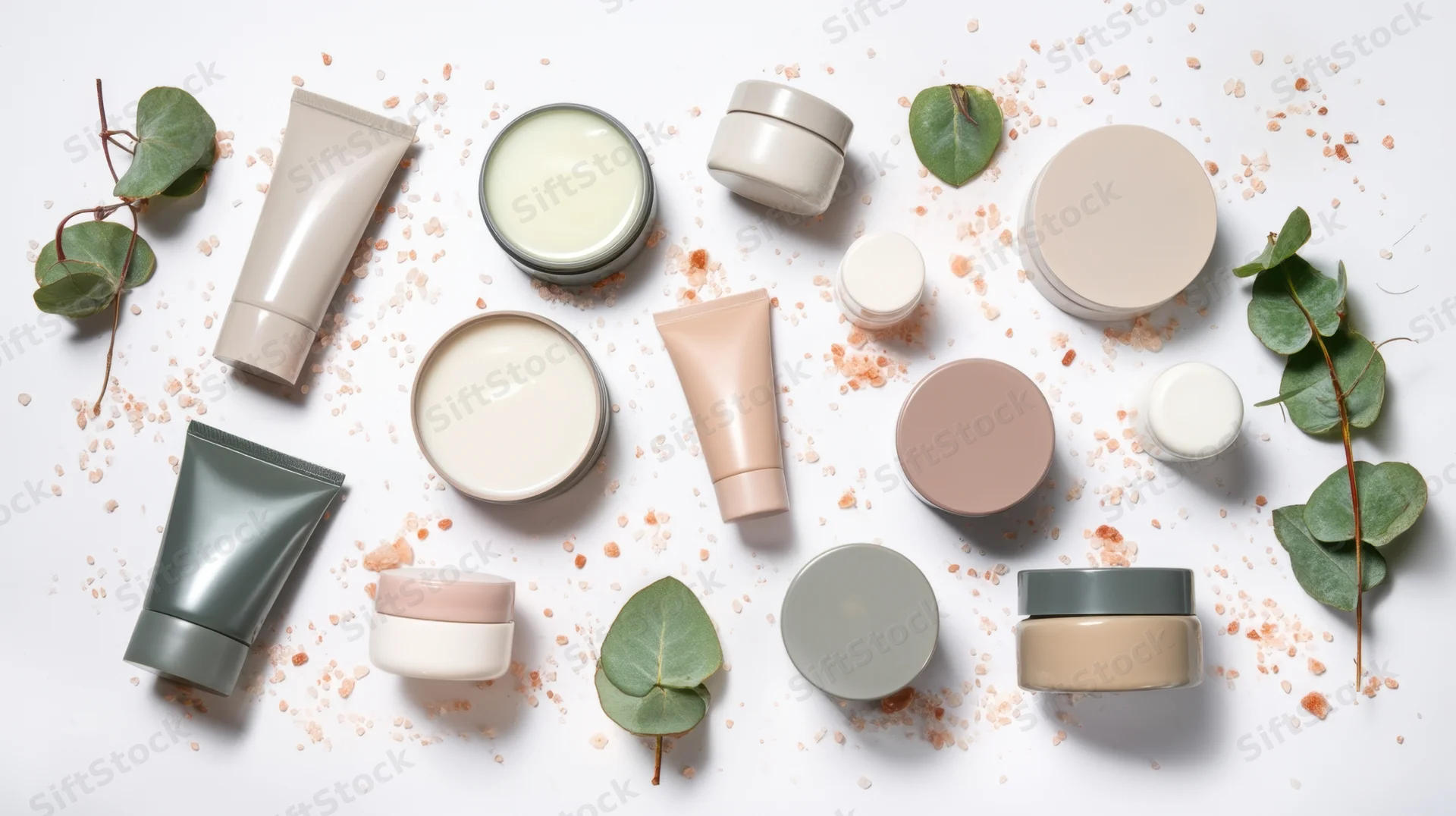 Skincare products and botanical elements arranged in a flat lay on white background