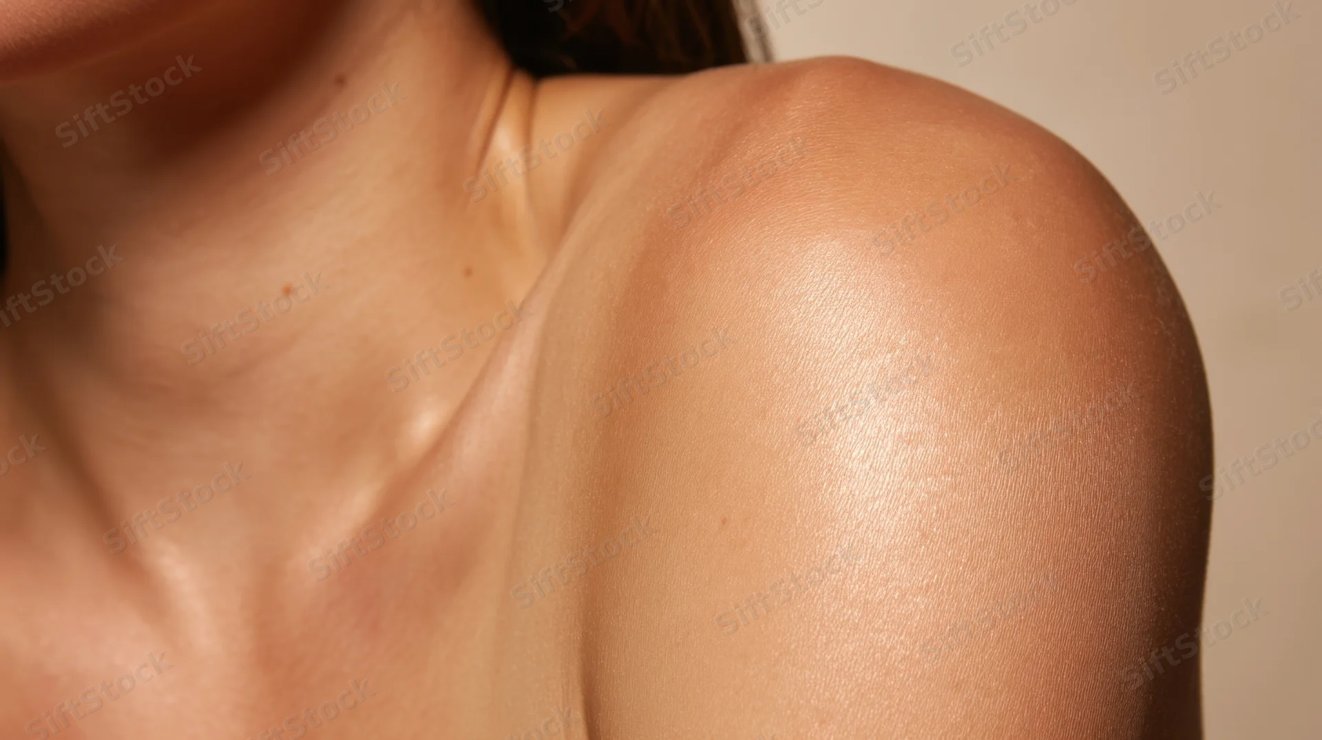 Closeup of a woman's smooth shoulder and neck skin in soft studio lighting