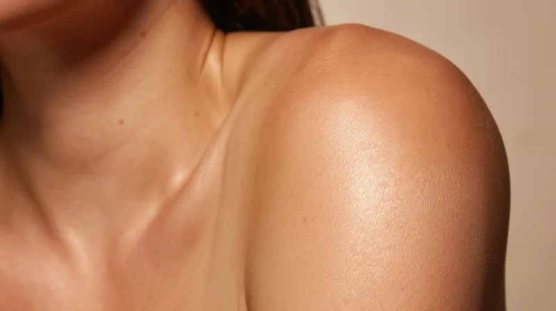 Closeup of a woman's smooth shoulder and neck skin in soft studio lighting