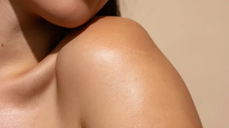 Closeup of a woman's smooth shoulder and neck skin showing natural glow and texture