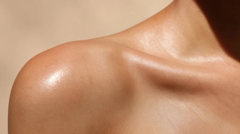 Closeup of smooth skin on a woman's shoulder and neck under warm light