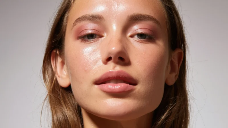 Closeup of a young woman's face with glowing skin and soft makeup in a studio setting