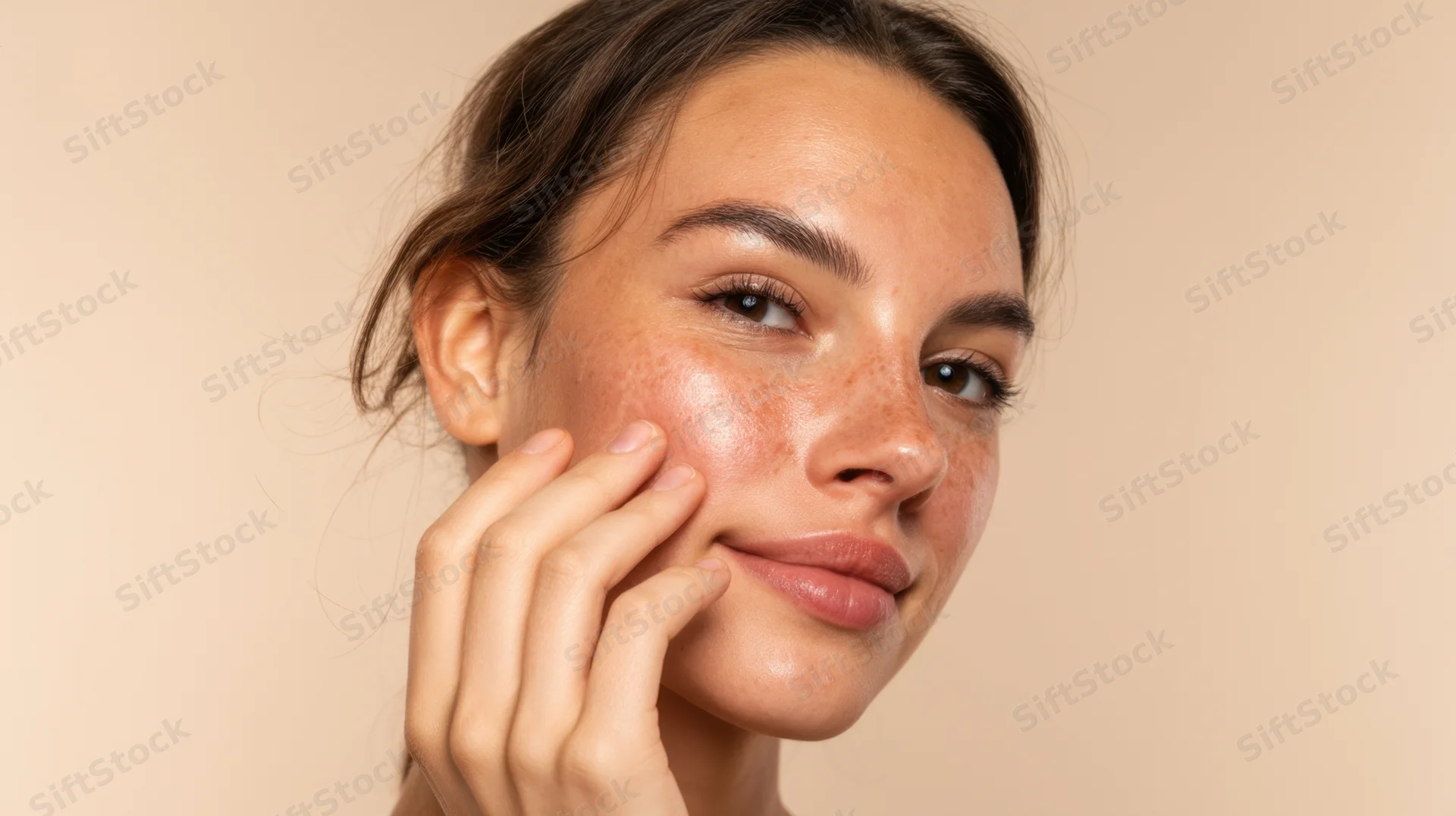 Woman touching her face with hand, close-up portrait against beige background