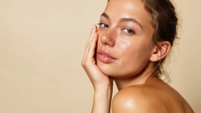 Young woman touching her face with hand, showing natural glowing skin against beige background