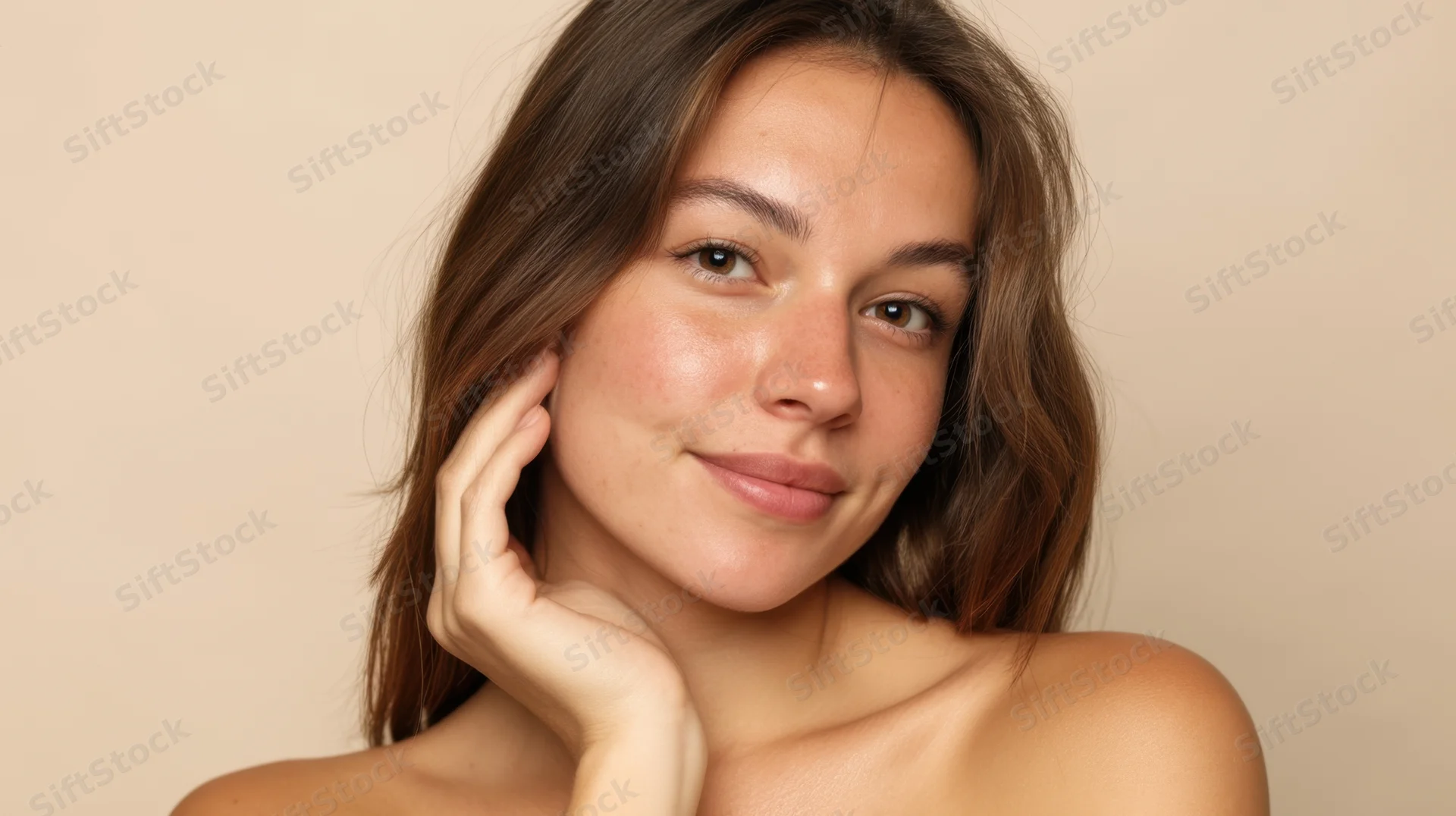 Woman with hand on cheek smiling softly in studio portrait