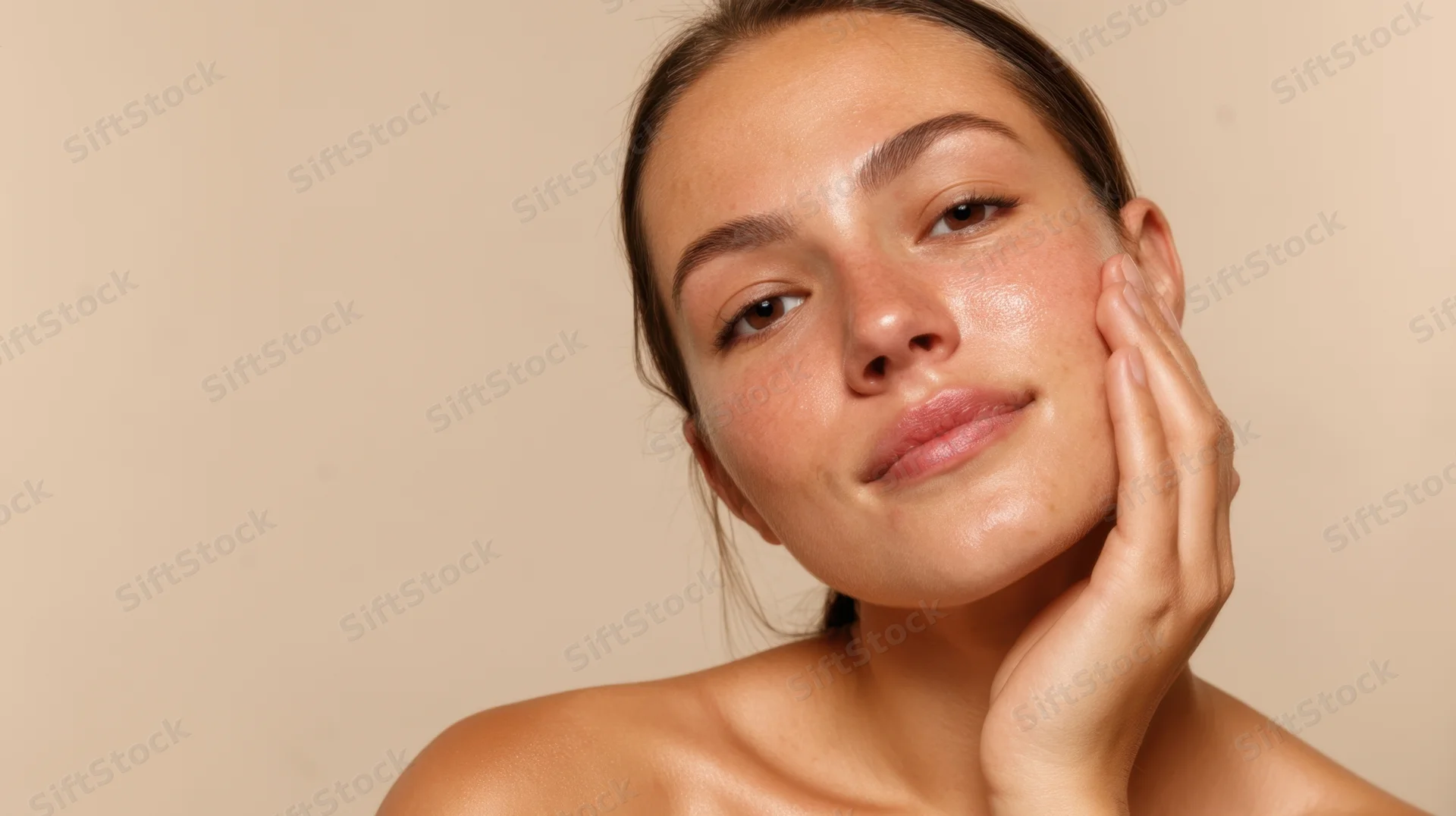 Woman touching her face with hand, showing smooth radiant skin against plain background
