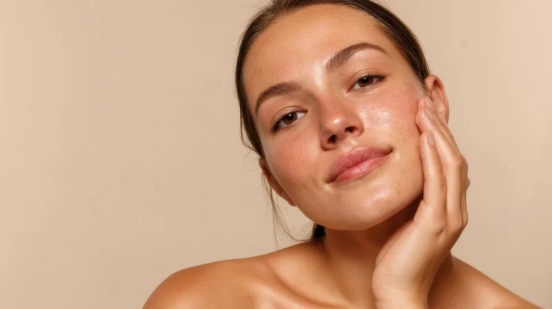 Woman touching her face with hand, showing smooth radiant skin against plain background