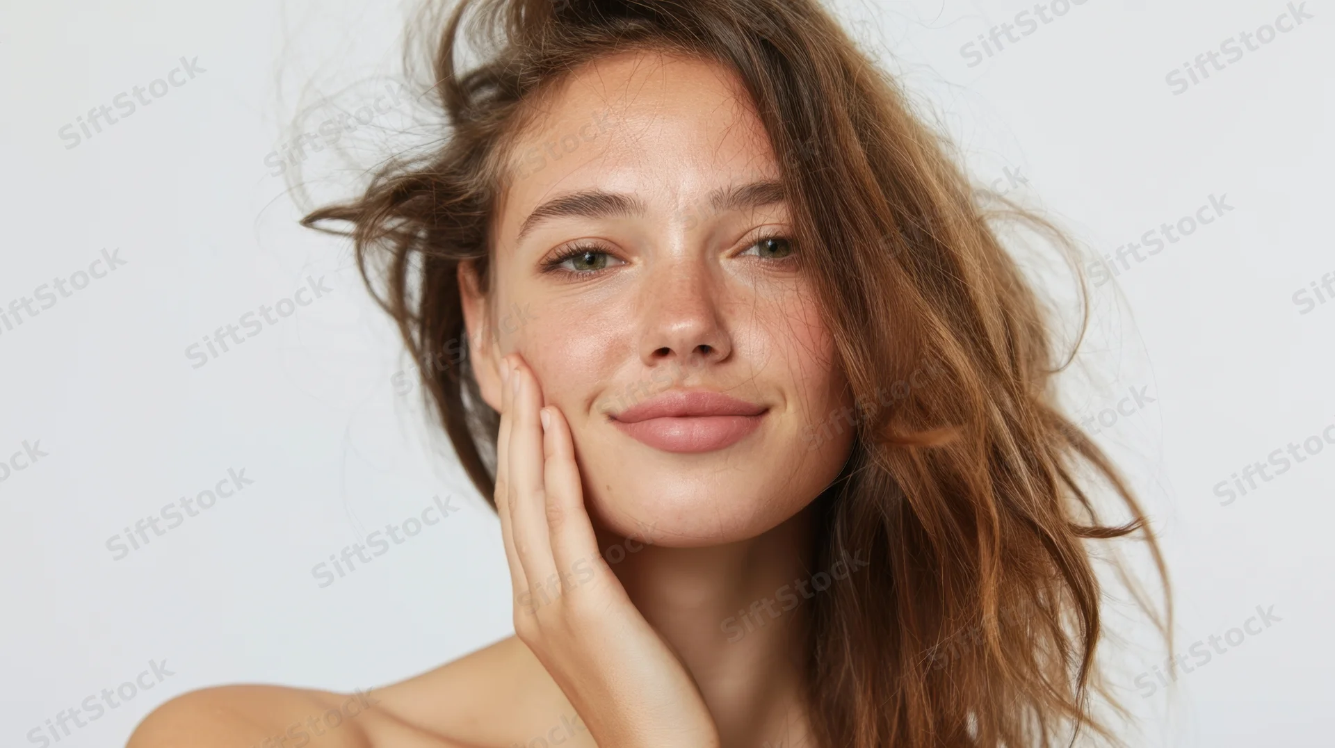 Young woman touching her face with hand, smiling, against white background