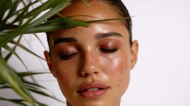 Closeup of a woman with glowing skin and green plant leaves framing her face in a studio setting