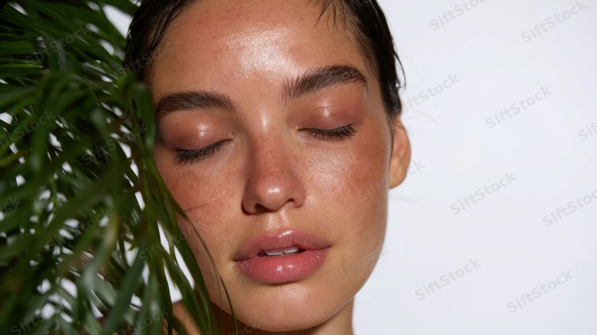 Closeup of a woman with closed eyes and glossy lips beside green foliage against a white background