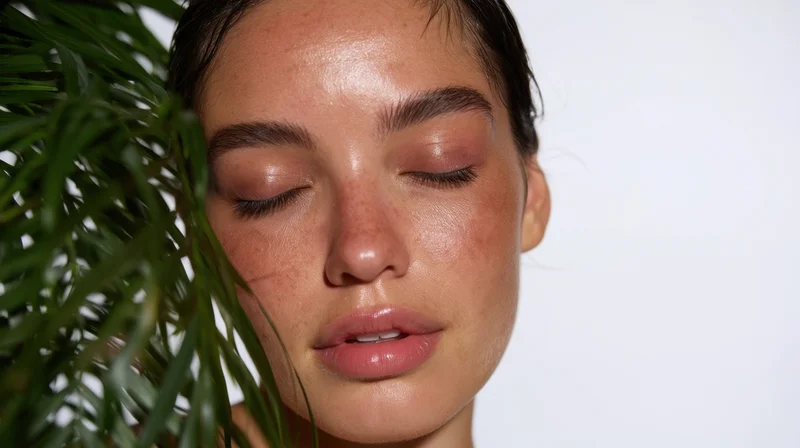 Closeup of a woman with closed eyes and glossy lips beside green foliage against a white background