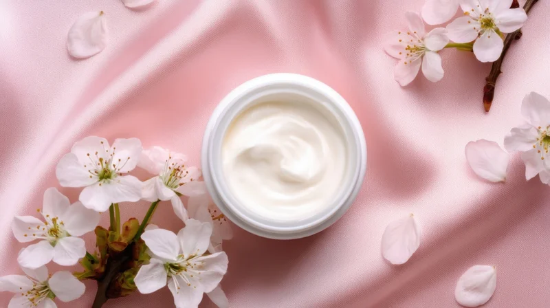 Open jar of white cream surrounded by cherry blossoms on pink silk fabric