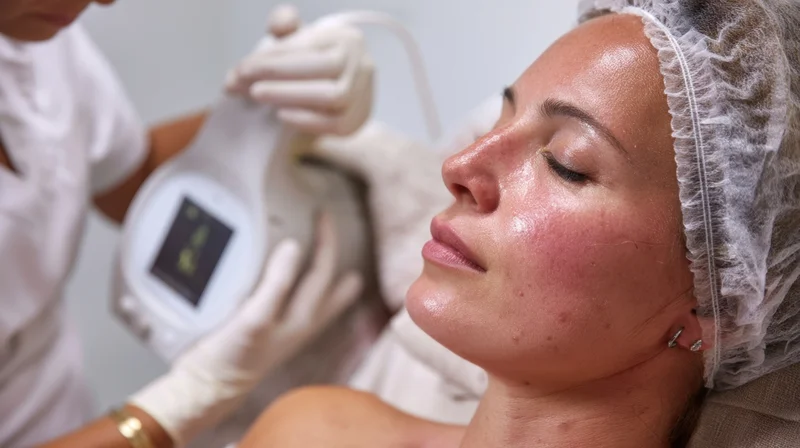 Woman receiving facial treatment with skincare device in spa clinic