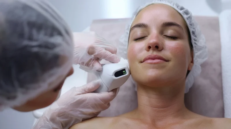 Woman receiving facial treatment with handheld device in clinic