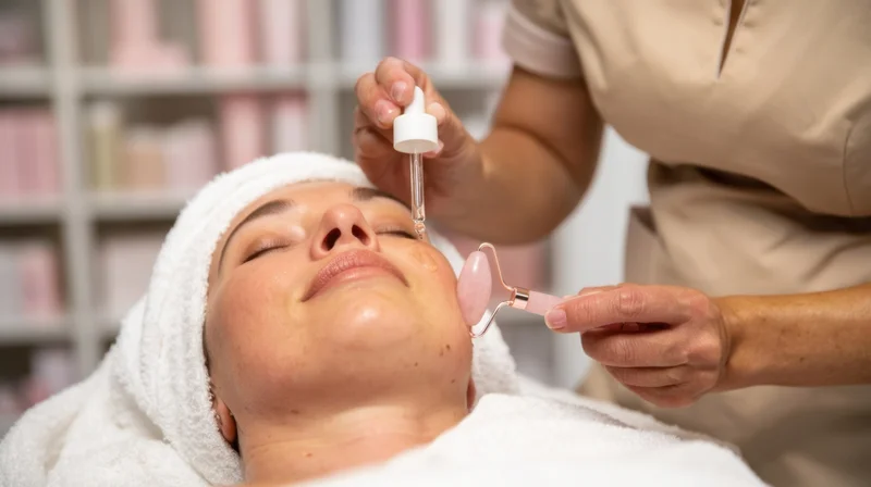Woman receiving facial treatment with serum and jade roller in spa setting