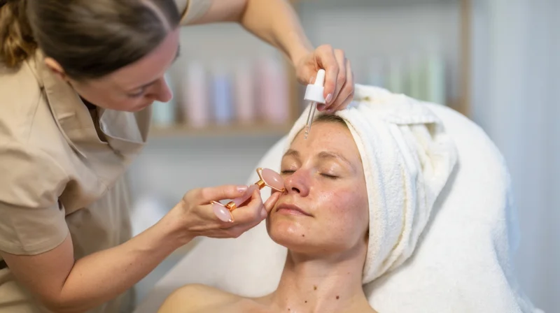 Woman receiving facial treatment with dropper and rose quartz tool in spa setting