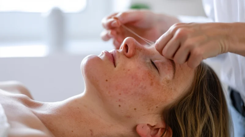 Woman receiving facial thread epilation treatment in spa setting