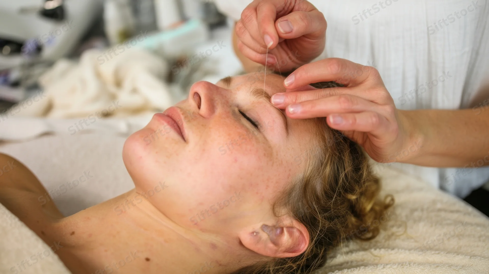 Woman receiving facial threading treatment in a spa setting