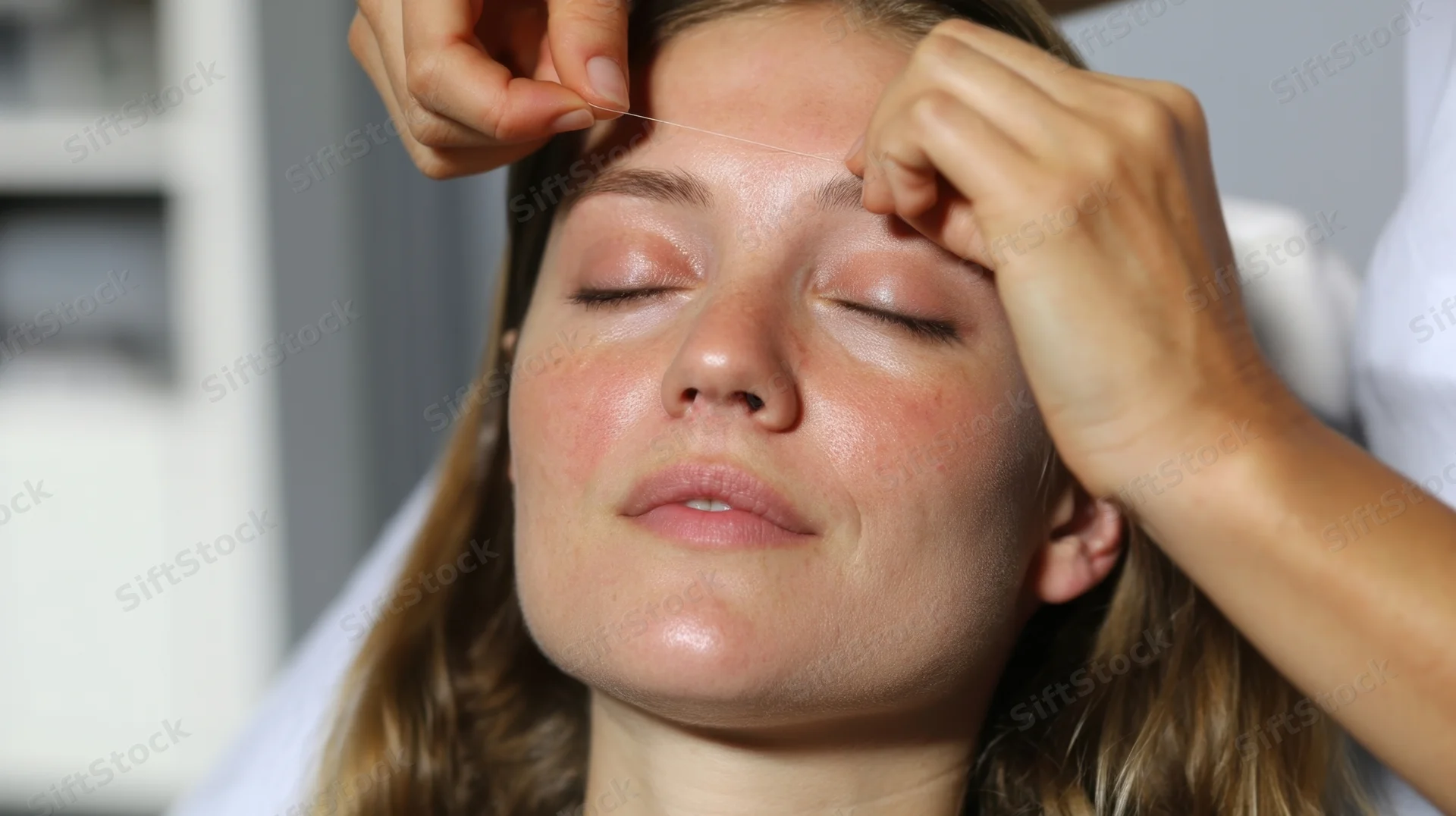 Woman receiving eyebrow threading treatment in a beauty salon