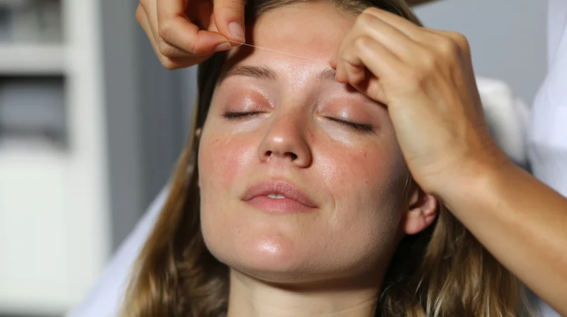 Woman receiving eyebrow threading treatment in a beauty salon