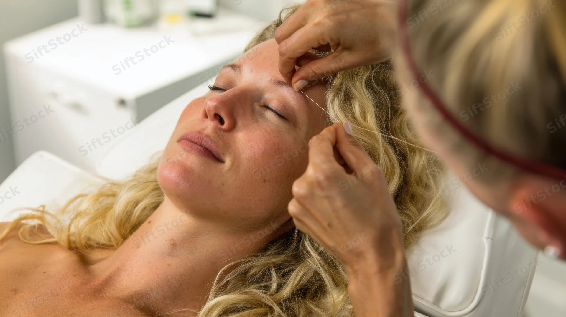 Woman receiving facial thread lifting treatment in a beauty clinic