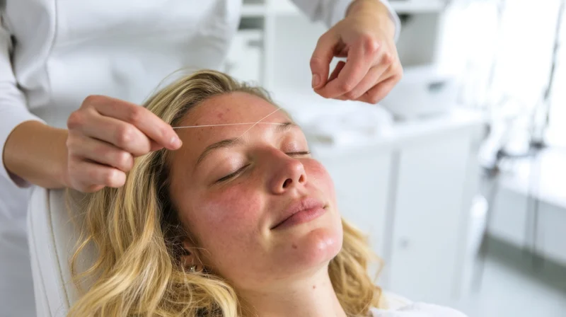 Woman receiving thread epilation facial treatment in a spa salon