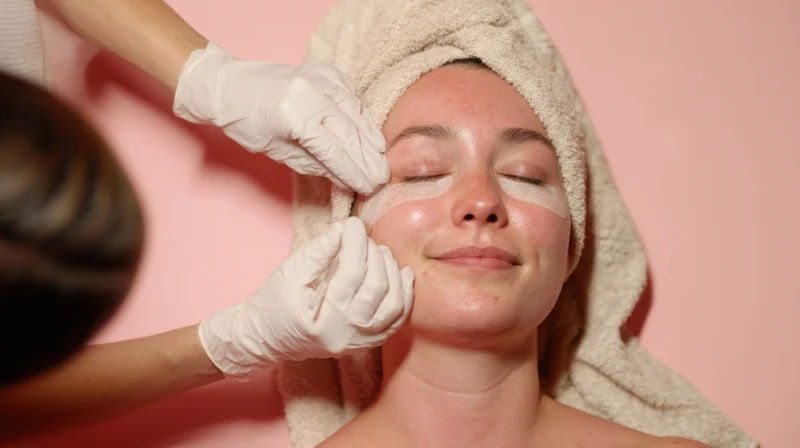 Woman receiving facial treatment with under-eye patches applied by gloved hands in spa setting
