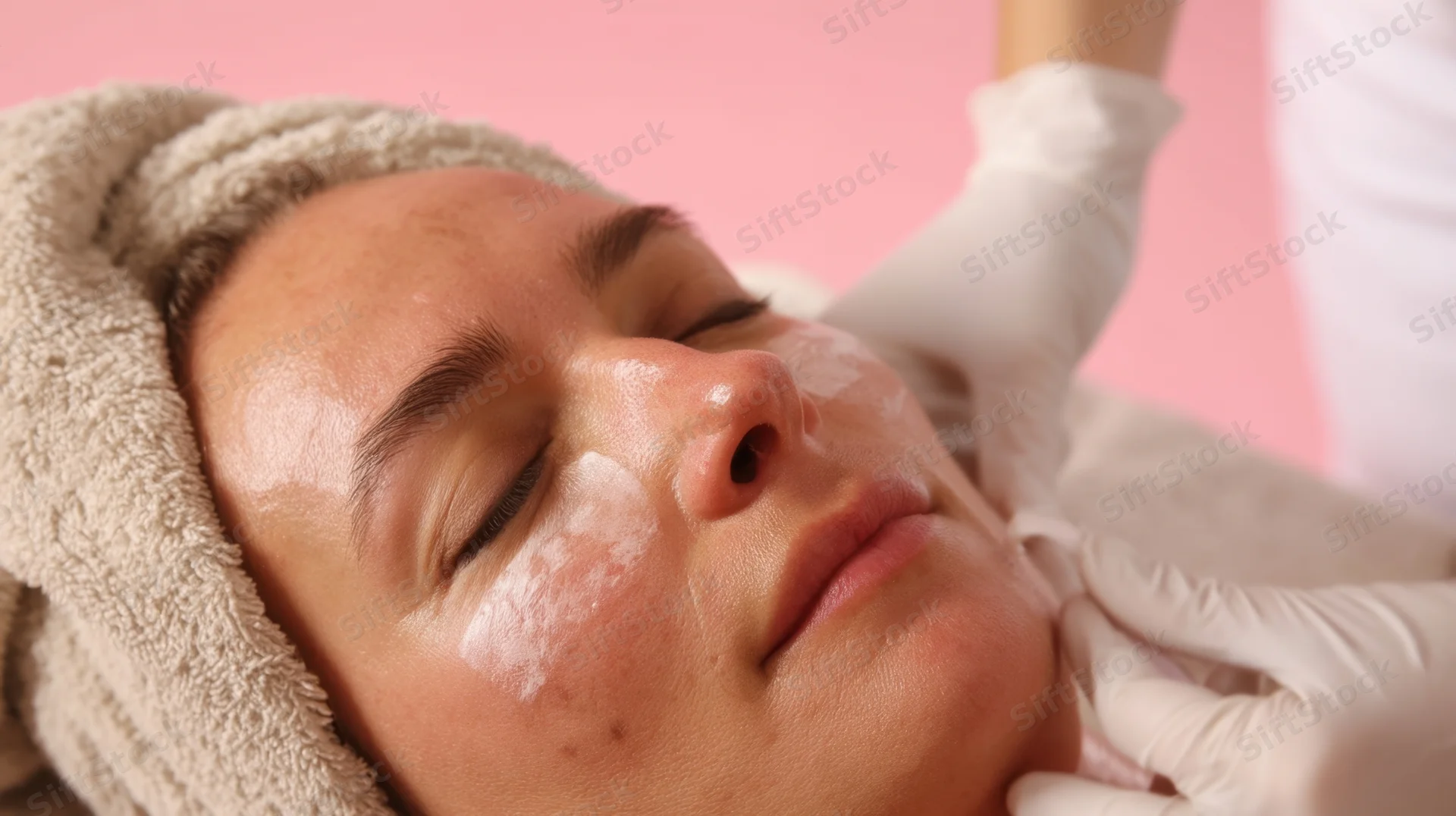 Woman receiving facial treatment with cream applied to her face in a spa setting