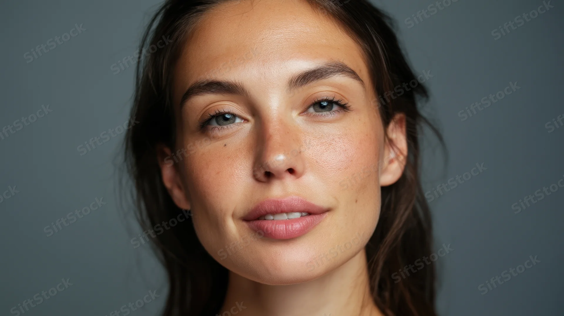 Close-up portrait of a young woman with natural skin and freckles against a gray background