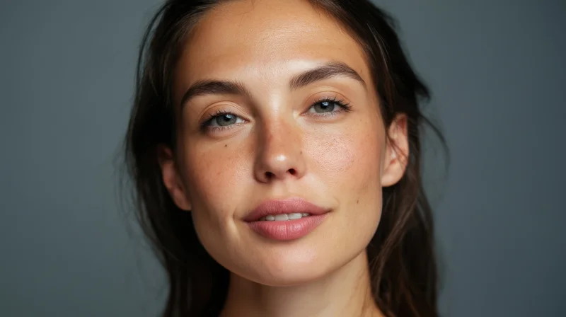 Close-up portrait of a young woman with natural skin and freckles against a gray background