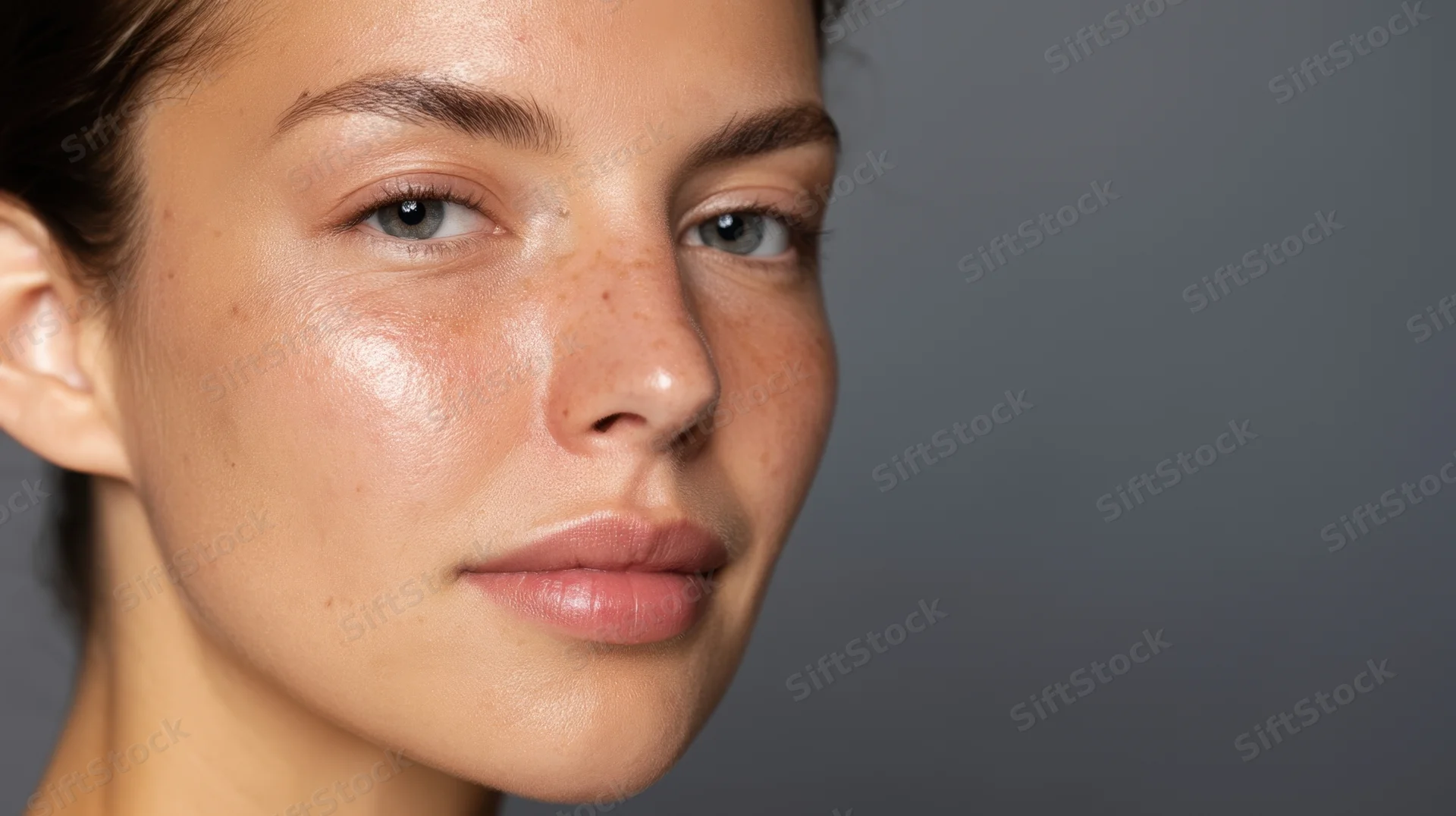 Close-up of a woman's face showing natural skin texture and freckles against a gray background