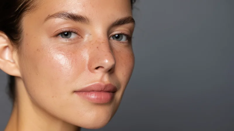Close-up of a woman's face showing natural skin texture and freckles against a gray background