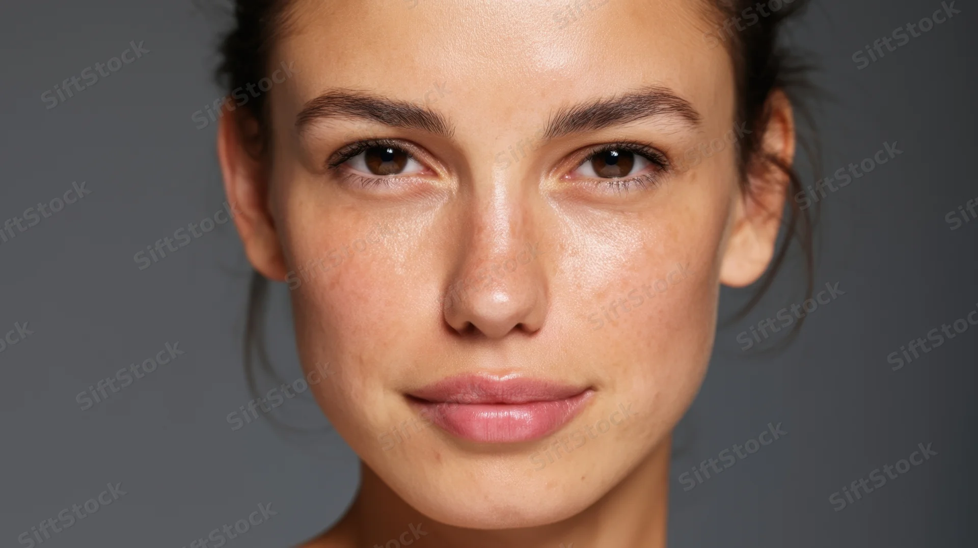 Close-up of a woman's face showing natural skin texture and freckles against a gray background